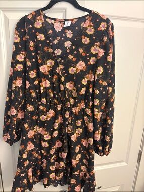 Abound Black Floral Wrap-Style Mini Dress with Pink and Orange Blooms
